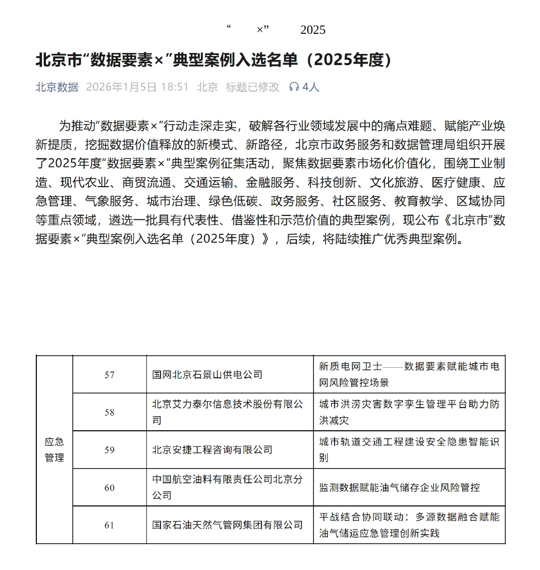 北京市数据要素典型案例入选名单